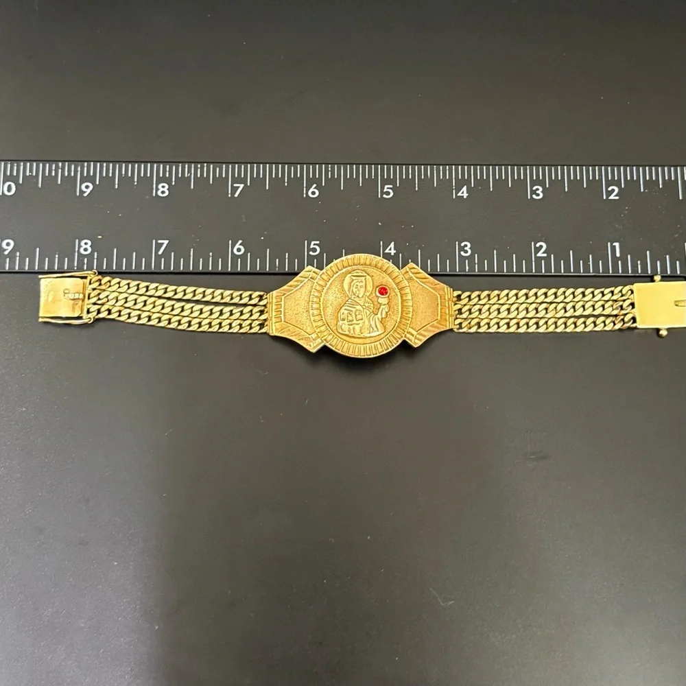 Vintage Saint Barbara Medallion Gold Triple Cuban Link Chain Religious Bracelet - Picture 12 of 16